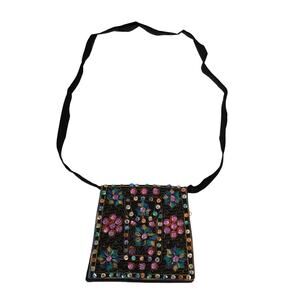 Embroidered Sequin Passport Crossbody Bag Black Boho Festival Pouch